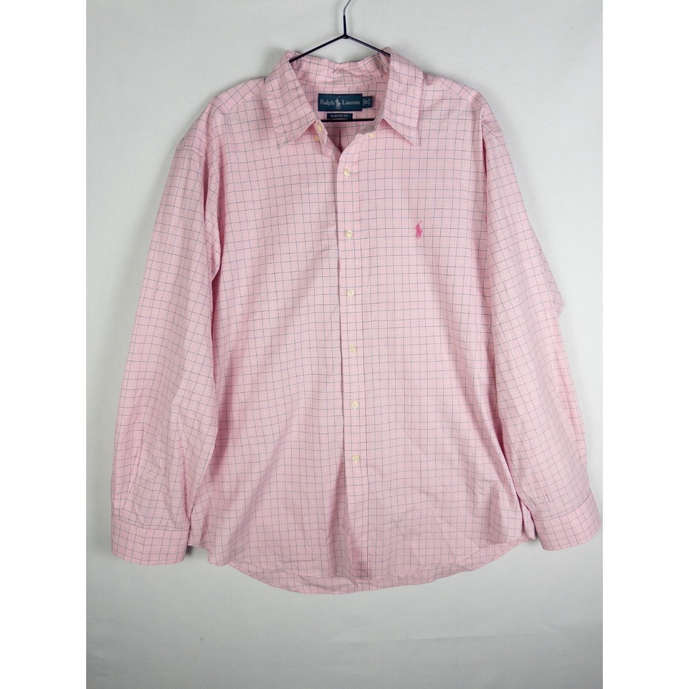 Ralph Lauren Mens 17 34/35 Pink Navy Windowpane Check Classic Fit Dress Shirt